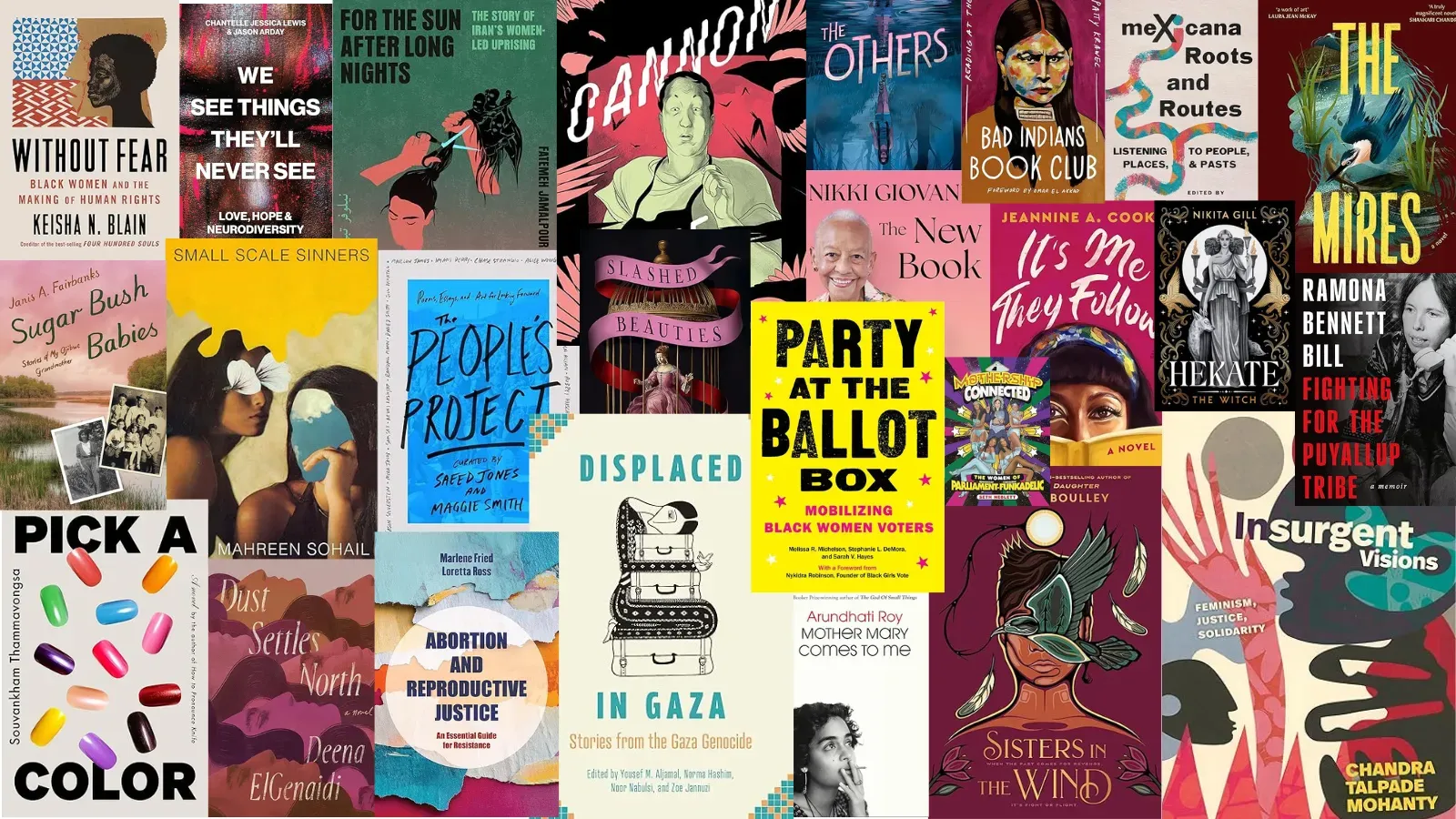 A colorful collage of covers of the 25 books featured in this month's list.